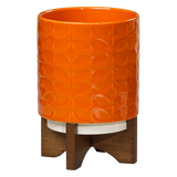 Orla Kiely Ceramic Plant Pot with Wooden Stand (Medium) - 60s Stem Poppy