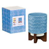 Orla Kiely Ceramic Plant Pot with Wooden Stand (Small) - 60s Stem Sky
