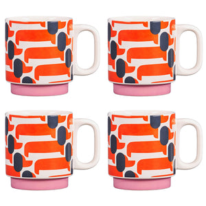 Orla Kiely Dachshund Papaya Stacking Mugs - Set of 4