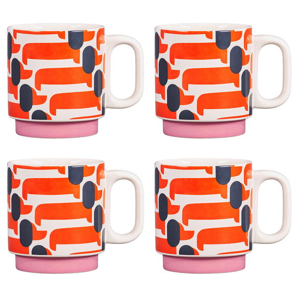 Orla Kiely Dachshund Papaya Stacking Mugs - Set of 4
