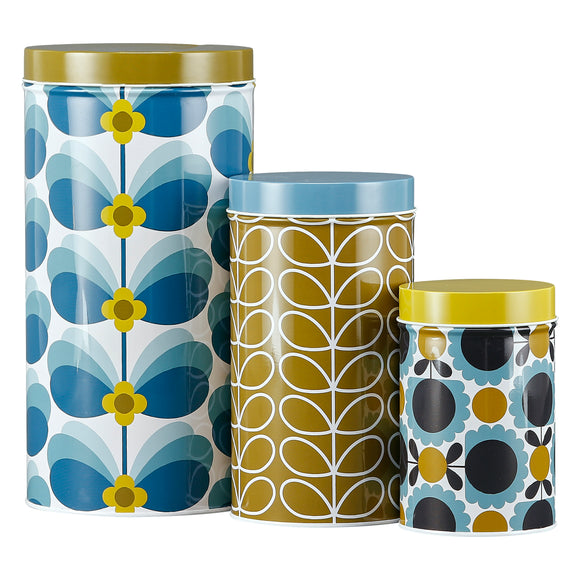 Orla Kiely Set of 3 Storage Tins/Canisters - Assorted (Butterfly Stem, Linear Stem, Scallop Flower)