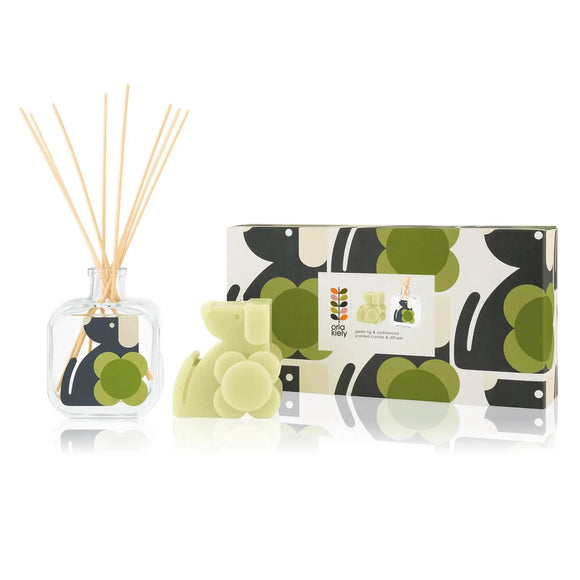 Orla Kiely Dog Scented Candle and Reed Diffuser Gift Set - Green Fig & Cedar Wood